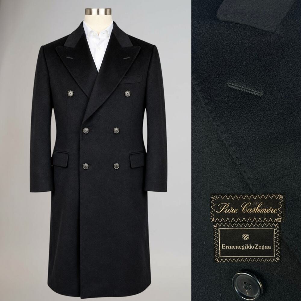 Ermenegildo Zegna Italy Cashmere 42-44R Black Double Breasted Overcoat Top Coat